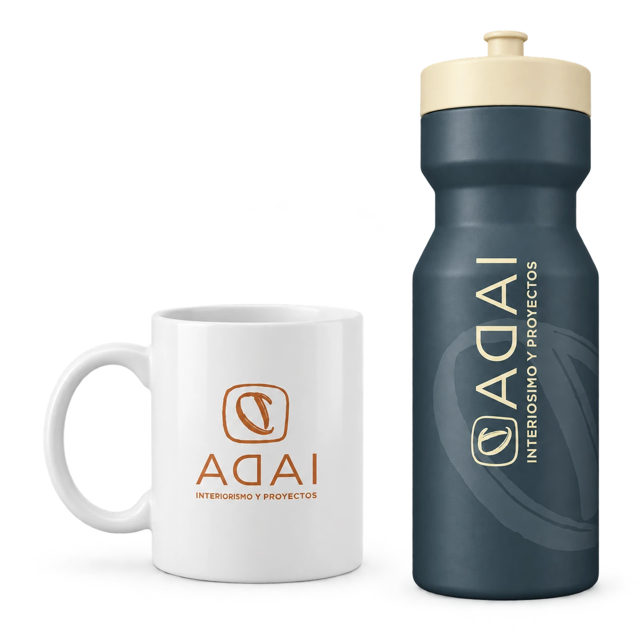Aplicaciones de identidad ADAI en taza y botella