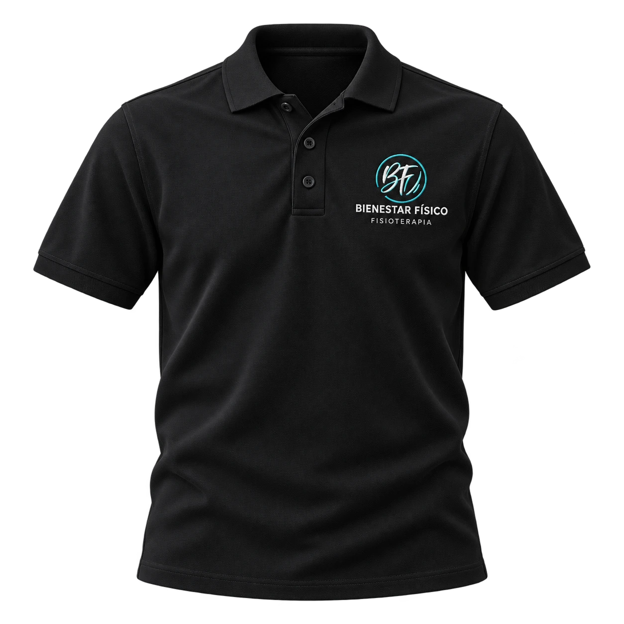 Mockup de camisa negra con logo Bienestar Físico bordado