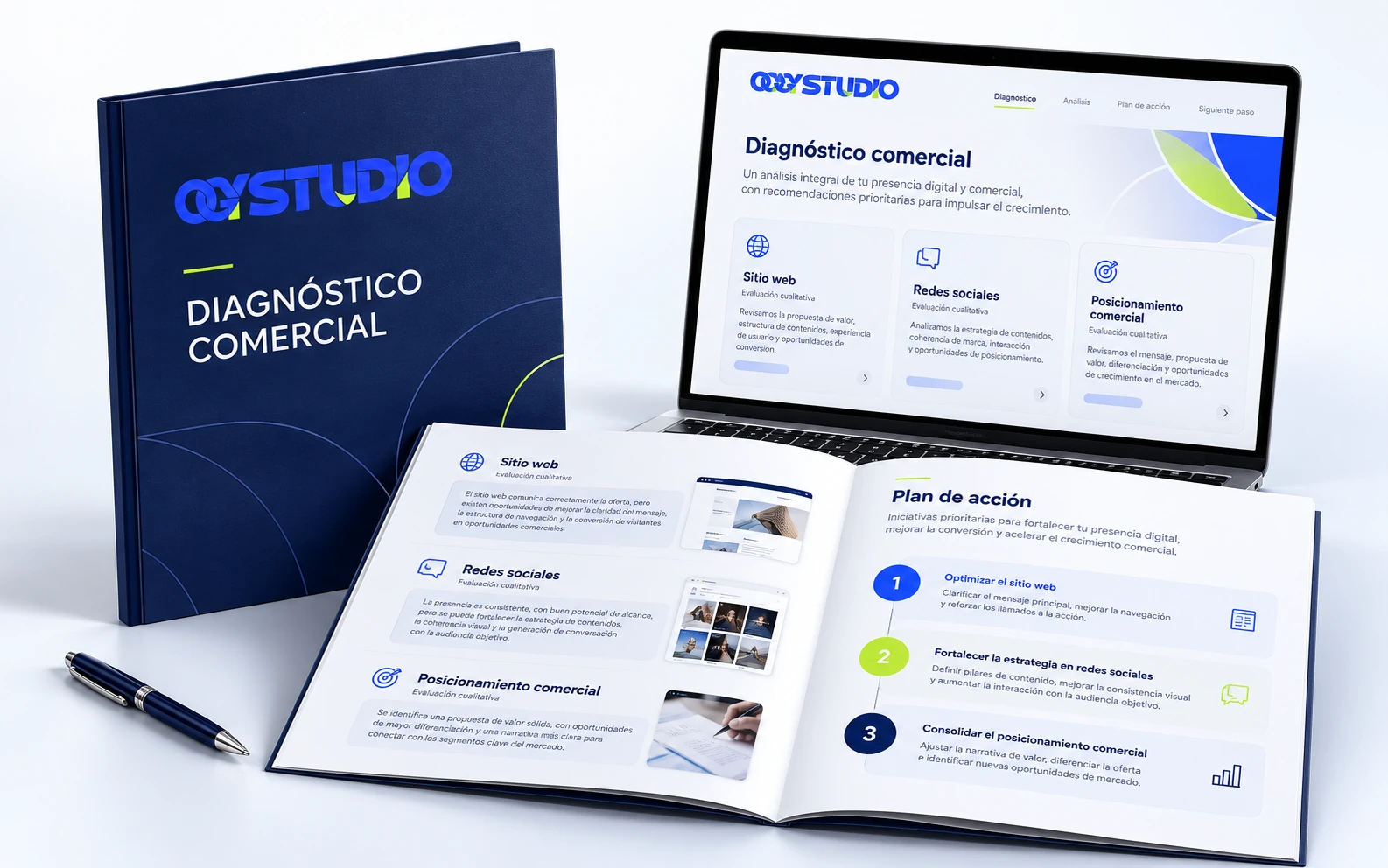 Informe de diagnóstico comercial de OGY STUDIO con revisión digital y plan de acción