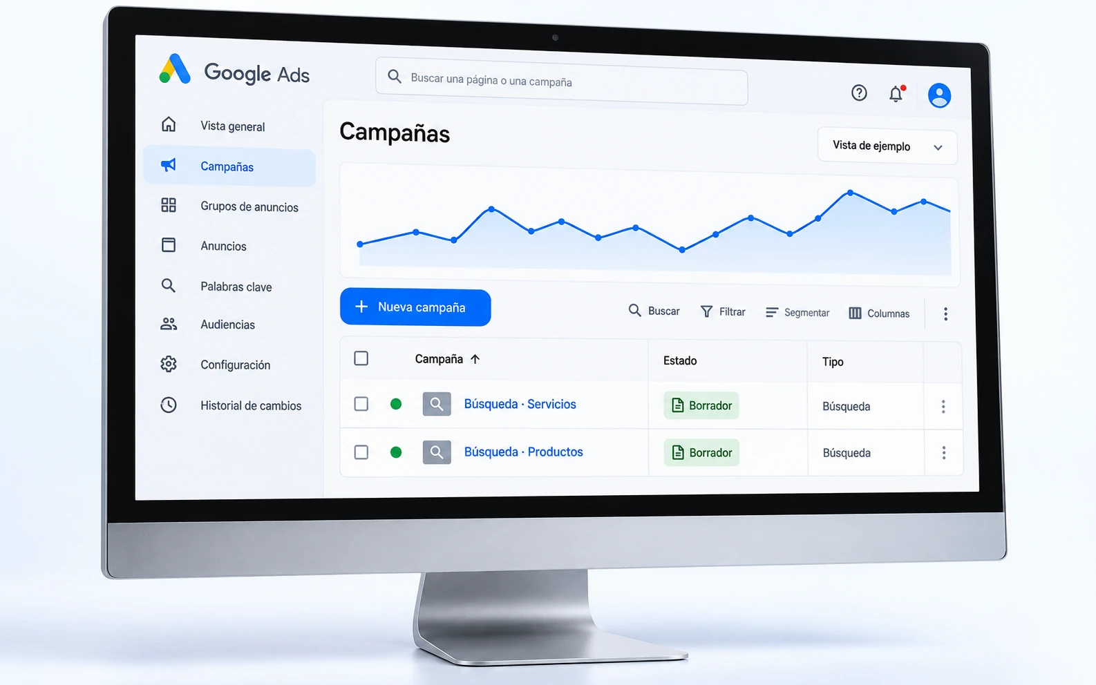 Monitor con dos campañas de búsqueda de ejemplo en Google Ads, en estado borrador